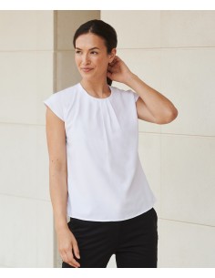 H-H597-Ladies Pleat Front Short Sleeve Blouse 2